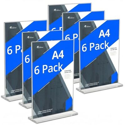 QWORK ® Lot de 6 supports de panneau A4 en acrylique avec base, présentoir double face en acrylique pour bureau, hôtel, restaurant, exposition, mariage QWORK ® Lot de 6 supports de panneau A4 en acrylique avec base, présentoir double face en acrylique pour bureau, hôtel, restaurant, exposition, mariage