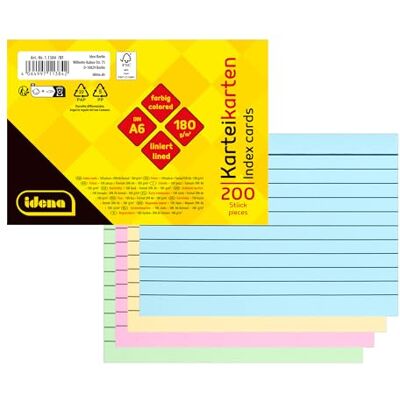 Idena 11384 Fiches A6, 200 pièces lignées, fiches d'apprentissage en papier FSC-Mix 180 g/m² en 4 couleurs, pour l'école et le bureau Idena 11384 Fiches A6, 200 pièces lignées, fiches d'apprentissage en papier FSC-Mix 180 g/m² en 4 couleurs, pour l'école et le bureau