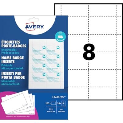 Avery – 200 inserts imprimables pour badges 86x55 mm – cartes blanches en papier 190 g/m² – format standard carte de visite – impression laser et jet d’encre – personnalisables L7418-25 Avery – 200 inserts imprimables pour badges 86x55 mm – cartes blanches en papier 190 g/m² – format standard carte de visite – impression laser et jet d’encre – personnalisables L7418-25
