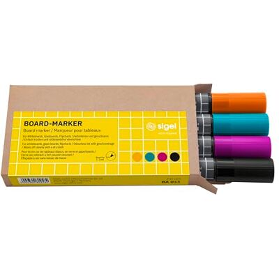 Sigel BA011 Lot de 4 marqueurs pour tableaux en verre/tableaux blancs, effaçables, encre "cap off", pointes ogives Ø 2-3 mm, 4 couleurs (noir/turquoise/magenta/orange) Sigel BA011 Lot de 4 marqueurs pour tableaux en verre/tableaux blancs, effaçables, encre "cap off", pointes ogives Ø 2-3 mm, 4 couleurs (noir/turquoise/magenta/orange)