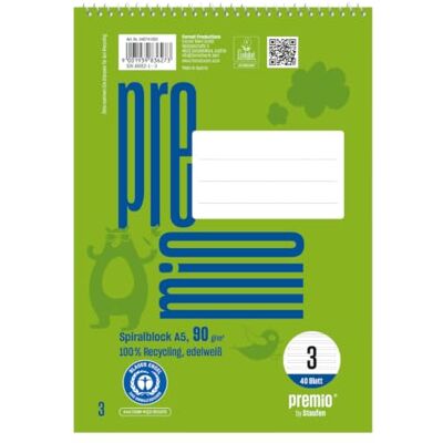 Staufen premio Lot de 5 blocs de 40 feuilles chacun, format A5, linéature 3 (14 lignes doubles), papier recyclé 90 g/m² Staufen premio Lot de 5 blocs de 40 feuilles chacun, format A5, linéature 3 (14 lignes doubles), papier recyclé 90 g/m²
