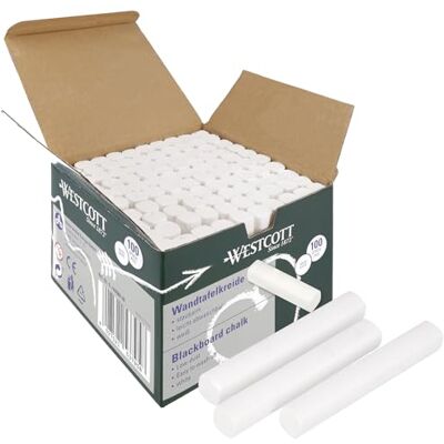 Westcott E-744986 00 Lot de 100 craies blanches opaques de 1,2 cm avec peu de poussière et faciles à essuyer 8,5 cm de long Westcott E-744986 00 Lot de 100 craies blanches opaques de 1,2 cm avec peu de poussière et faciles à essuyer 8,5 cm de long