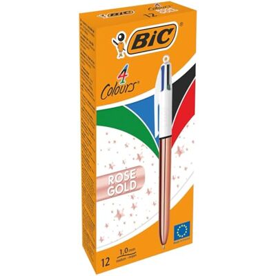 BIC Lot de 12 stylos 4 couleurs, pointe 1 mm, or rose BIC Lot de 12 stylos 4 couleurs, pointe 1 mm, or rose