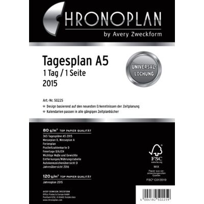 Avery Chronoplan 50225 Calendrier 2025 (plan quotidien A5 (148 x 210 mm), calendrier de rechange, pour planificateur quotidien, idéal pour planification quotidienne détaillée, 1 jour sur 1 page, avec Avery Chronoplan 50225 Calendrier 2025 (plan quotidien A5 (148 x 210 mm), calendrier de rechange, pour planificateur quotidien, idéal pour planification quotidienne détaillée, 1 jour sur 1 page, avec
