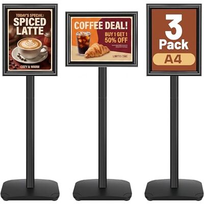 VAIIGO Lot de 3 présentoirs A4 avec base stable, supports d'affichage, porte-panneaux, rotatifs pour affichage vertical/horizontal, publicité, menus, magasins et salons, noir VAIIGO Lot de 3 présentoirs A4 avec base stable, supports d'affichage, porte-panneaux, rotatifs pour affichage vertical/horizontal, publicité, menus, magasins et salons, noir