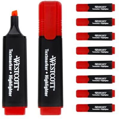 Westcott E-743648 00 Lot de 10 surligneurs rouges Marqueur surligneur rouge vif Épaisseur de trait 2 à 5 mm Encre de qualité supérieure en provenance d'Allemagne Westcott E-743648 00 Lot de 10 surligneurs rouges Marqueur surligneur rouge vif Épaisseur de trait 2 à 5 mm Encre de qualité supérieure en provenance d'Allemagne