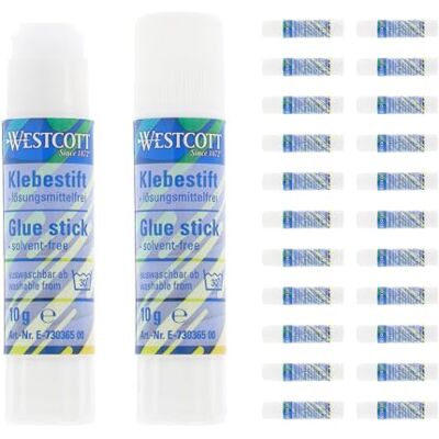 Westcott E-730365 00 Lot de 24 bâtons de colle 10 g (24 pièces) avec bande adhésive transparente de 1,5 cm Colle forte et durable 100% sans solvant Lavable à 30% Westcott E-730365 00 Lot de 24 bâtons de colle 10 g (24 pièces) avec bande adhésive transparente de 1,5 cm Colle forte et durable 100% sans solvant Lavable à 30%