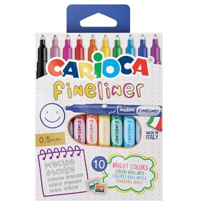 CARIOCA Fineliner Boîte de 10 Fineliners Couleurs Assorties Pointe précise 0,5 mm Made in Italy Couleurs Brillantes 10 unités CARIOCA Fineliner Boîte de 10 Fineliners Couleurs Assorties Pointe précise 0,5 mm Made in Italy Couleurs Brillantes 10 unités
