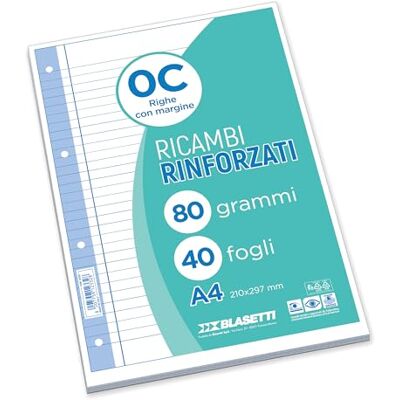 Blasetti 2332 Pièces de rechange renforcées avec bande transparente, A4, lignes 0RC, 40 feuilles de 80 g Blasetti 2332 Pièces de rechange renforcées avec bande transparente, A4, lignes 0RC, 40 feuilles de 80 g