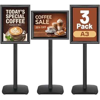 VAIIGO Lot de 3 présentoirs A3 avec base stable, supports d'affichage, porte-panneaux, rotatifs pour affichage vertical/horizontal, publicité, menus, magasins et salons, noir VAIIGO Lot de 3 présentoirs A3 avec base stable, supports d'affichage, porte-panneaux, rotatifs pour affichage vertical/horizontal, publicité, menus, magasins et salons, noir