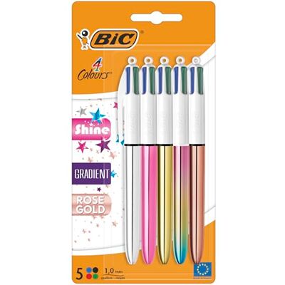 BIC 4 Couleurs Shine et Gradient, rétractables à Pointe Moyenne (1,0 mm) argenté, doré, rose, or rose et pastel dégradé métallisés Lot de 5 BIC 4 Couleurs Shine et Gradient, rétractables à Pointe Moyenne (1,0 mm) argenté, doré, rose, or rose et pastel dégradé métallisés Lot de 5