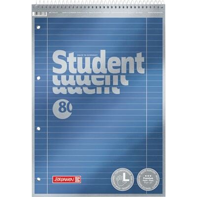 BRUNNEN Collegeblock Premium Student Spirale Haut A4, linéature 27, 80 feuilles, bleu BRUNNEN Collegeblock Premium Student Spirale Haut A4, linéature 27, 80 feuilles, bleu