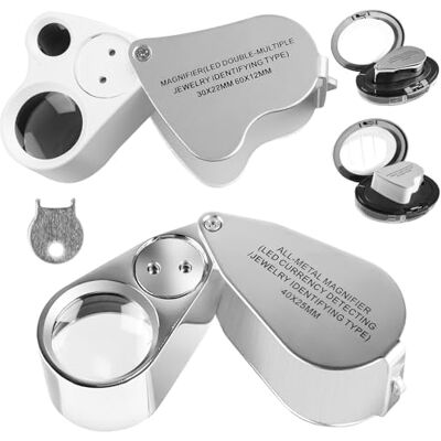Aicharynic Lot de 2 loupes de bijoutier 30 x 40 x 60 x Avec LED et lumière noire UV Loupe de poche avec lumière pour pierres précieuses, diamants, bijoux, roches, timbres, modèles Aicharynic Lot de 2 loupes de bijoutier 30 x 40 x 60 x Avec LED et lumière noire UV Loupe de poche avec lumière pour pierres précieuses, diamants, bijoux, roches, timbres, modèles