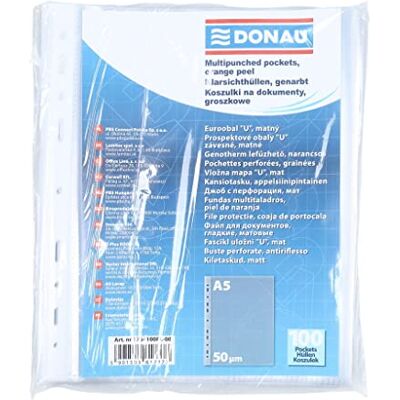 OFFICER PRODUCTS DONAU Lot de 100 pochettes perforées format A5 Grainées Ouvertes en haut En plastique transparent Pour documents Transparent 50 microns OFFICER PRODUCTS DONAU Lot de 100 pochettes perforées format A5 Grainées Ouvertes en haut En plastique transparent Pour documents Transparent 50 microns