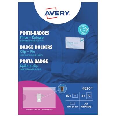 Avery Boite de 50 porte-badges combi pince + épingle en plastique souple transparent, 50 inserts imprimables fournis, Format 90 x 54 mm, Impression laser/jet d'encre, (4820) Avery Boite de 50 porte-badges combi pince + épingle en plastique souple transparent, 50 inserts imprimables fournis, Format 90 x 54 mm, Impression laser/jet d'encre, (4820)