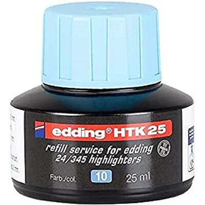 Edding HTK 25 recharge d'encre bleu clair 25 ml avec système capillaire, idéal pour recharger proprement et simplement les surligneurs e-345 et e-24. Edding HTK 25 recharge d'encre bleu clair 25 ml avec système capillaire, idéal pour recharger proprement et simplement les surligneurs e-345 et e-24.