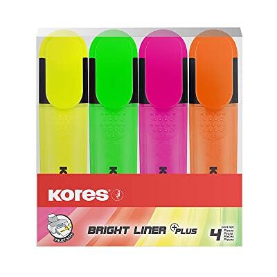 Kores Bright Liner Plus : Surligneurs Fluorescents de Couleur, Pointe Biseautée et Encre à Base d'Eau, Forme Ergonomique, Fournitures Scolaires et de Bureau, Paquet de 4 Couleurs Assorties Kores Bright Liner Plus : Surligneurs Fluorescents de Couleur, Pointe Biseautée et Encre à Base d'Eau, Forme Ergonomique, Fournitures Scolaires et de Bureau, Paquet de 4 Couleurs Assorties