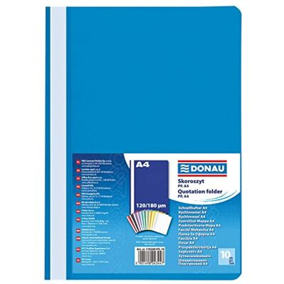 DONAU 1702001PL-10 Lot de 10 chemises en plastique A4 bleu En film polypropylène 120/180 µm Avec rabat transparent Pour le bureau et l'école Capacité : environ 200 feuilles DONAU 1702001PL-10 Lot de 10 chemises en plastique A4 bleu En film polypropylène 120/180 µm Avec rabat transparent Pour le bureau et l'école Capacité : environ 200 feuilles