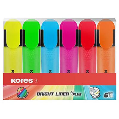 Kores Bright Liner Plus : Surligneurs Fluorescents de Couleur, Pointe Biseautée et Encre à Base d'Eau, Forme Ergonomique, Fournitures Scolaires et de Bureau, Paquet de 6 Couleurs Assorties Kores Bright Liner Plus : Surligneurs Fluorescents de Couleur, Pointe Biseautée et Encre à Base d'Eau, Forme Ergonomique, Fournitures Scolaires et de Bureau, Paquet de 6 Couleurs Assorties