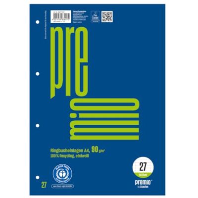 Staufen premio Lot de 5 blocs de 50 feuilles chacun, format A4, linéature 27 (9 mm lignées avec RL), 4 perforations, papier recyclé 90 g/m² Staufen premio Lot de 5 blocs de 50 feuilles chacun, format A4, linéature 27 (9 mm lignées avec RL), 4 perforations, papier recyclé 90 g/m²