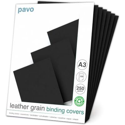 Pavo Plats de couverture A3 grain cuir 250 g, Paquet de 100 Noir Pavo Plats de couverture A3 grain cuir 250 g, Paquet de 100 Noir