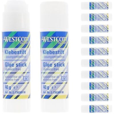 Westcott E-730389 00 Lot de 12 bâtons de colle de bricolage 40 g avec bande adhésive transparente de 2,5 cm Colle forte et durable 100% sans solvant Lavable à 30% Westcott E-730389 00 Lot de 12 bâtons de colle de bricolage 40 g avec bande adhésive transparente de 2,5 cm Colle forte et durable 100% sans solvant Lavable à 30%