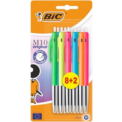 BIC M10 Original Stylos-Bille Rétractables Pointe Moyenne (1,0 mm) Corps Couleurs Acidulées Assortis, Encre Bleue, Blister de 8+2 BIC M10 Original Stylos-Bille Rétractables Pointe Moyenne (1,0 mm) Corps Couleurs Acidulées Assortis, Encre Bleue, Blister de 8+2