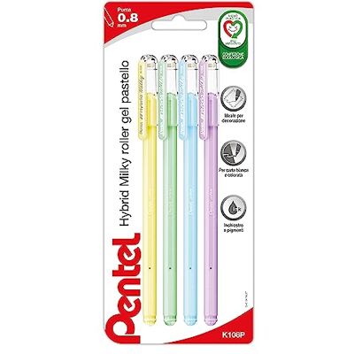 Pentel K108P Hybrid Milky roller gel couleurs pastel 4 pcs (vert, violet, jaune, bleu) Pentel K108P Hybrid Milky roller gel couleurs pastel 4 pcs (vert, violet, jaune, bleu)