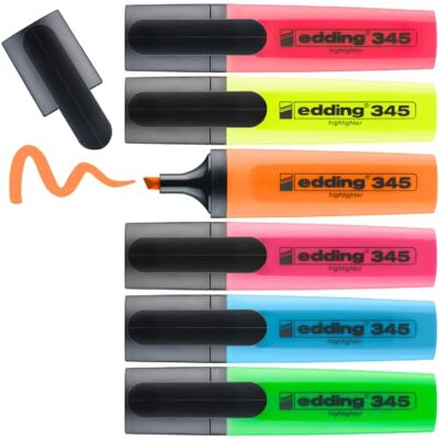Edding 345 Surligneur Ètui de 6 Pointe biseautée 2-5 mm parfait pour des marquages et des surlignages lumineux de textes et notes Edding 345 Surligneur Ètui de 6 Pointe biseautée 2-5 mm parfait pour des marquages et des surlignages lumineux de textes et notes