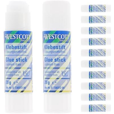 Westcott E-730372 00 Lot de 12 bâtons de colle de bricolage 20 g avec bande adhésive transparente de 2 cm, colle forte et durable, 100% sans solvant, lavable à 30% Westcott E-730372 00 Lot de 12 bâtons de colle de bricolage 20 g avec bande adhésive transparente de 2 cm, colle forte et durable, 100% sans solvant, lavable à 30%