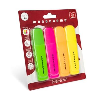 Pigna , Lot de 4 surligneurs Fluo (jaune, rose, vert, orange), ligne monochrome, pointe biseautée, idéale pour l'école et le bureau Pigna , Lot de 4 surligneurs Fluo (jaune, rose, vert, orange), ligne monochrome, pointe biseautée, idéale pour l'école et le bureau