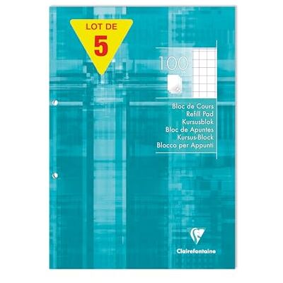 Clairefontaine 5810Cpack Un lot de 5 Blocs de Cours Encollés Perforés Turquoise A4 21x29,7 cm 200 Pages Quadrillé 10x10 avec Marge 90 g Couverture Carte Pelliculée Clairefontaine 5810Cpack Un lot de 5 Blocs de Cours Encollés Perforés Turquoise A4 21x29,7 cm 200 Pages Quadrillé 10x10 avec Marge 90 g Couverture Carte Pelliculée