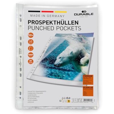 Durable Pochettes perforées A4, sachet de 5, Transparent, 267719 Pochettes plastiques extra résistantes 80 my, anti-transfert d'encre, ouverture par le haut, Made in Germany Durable Pochettes perforées A4, sachet de 5, Transparent, 267719 Pochettes plastiques extra résistantes 80 my, anti-transfert d'encre, ouverture par le haut, Made in Germany