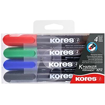 Kores K-Marker XP2 : Marqueur Permanent de Couleur, Pointe Biseautée, Encre Imperméable et à Faible Odeur, pour Toutes les Surfaces, Paquet de 4 Couleurs Assorties Kores K-Marker XP2 : Marqueur Permanent de Couleur, Pointe Biseautée, Encre Imperméable et à Faible Odeur, pour Toutes les Surfaces, Paquet de 4 Couleurs Assorties