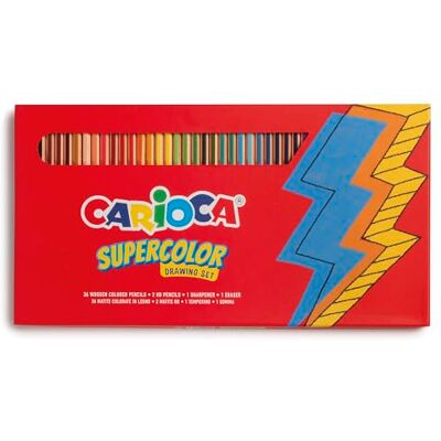 CARIOCA Supercolor Lot de 36 crayons de couleur en bois avec crayons graphite, gomme et taille-crayon, 40 pièces CARIOCA Supercolor Lot de 36 crayons de couleur en bois avec crayons graphite, gomme et taille-crayon, 40 pièces