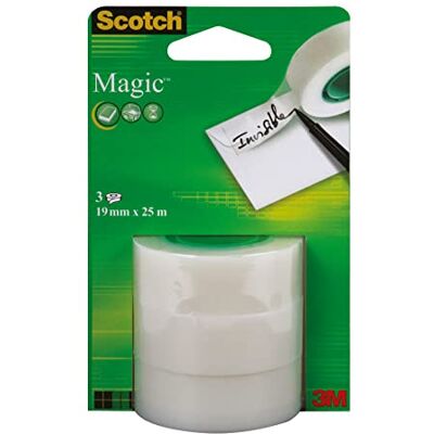 Scotch Magic Invisible Tape – 3 rouleaux de recharge, 19 mm x 25 m – Ruban adhésif à usage général pour réparation, étiquetage et scellage de documents Scotch Magic Invisible Tape – 3 rouleaux de recharge, 19 mm x 25 m – Ruban adhésif à usage général pour réparation, étiquetage et scellage de documents