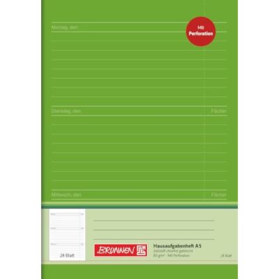 BRUNNEN 1046913 Cahier de devoirs, format A5, 24 feuilles, vert, feuilles perforées BRUNNEN 1046913 Cahier de devoirs, format A5, 24 feuilles, vert, feuilles perforées
