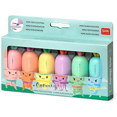 Legami HC0001 Lot de 6 mini surligneurs carrés Team en forme de carotte, encres à base d'eau, pour traits fins et épais, couleurs pastel, séchage rapide Legami HC0001 Lot de 6 mini surligneurs carrés Team en forme de carotte, encres à base d'eau, pour traits fins et épais, couleurs pastel, séchage rapide