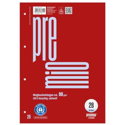 Staufen premio Lot de 5 blocs de 50 feuilles chacun, format A4, linéature 28 (carreaux de 5 mm avec RL), 4 perforations, papier recyclé 90 g/m² Staufen premio Lot de 5 blocs de 50 feuilles chacun, format A4, linéature 28 (carreaux de 5 mm avec RL), 4 perforations, papier recyclé 90 g/m²