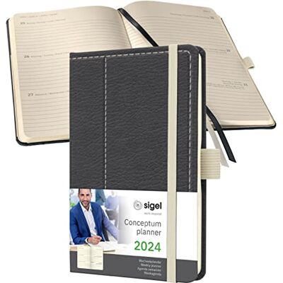 Sigel C2458 Agenda semainier 2024 aspect cuir Env. A6 gris foncé/blanc couverture rigide, 176 pages, bande élastique, passant pour stylo, pochette d'archive certifiée PEFC Sigel C2458 Agenda semainier 2024 aspect cuir Env. A6 gris foncé/blanc couverture rigide, 176 pages, bande élastique, passant pour stylo, pochette d'archive certifiée PEFC