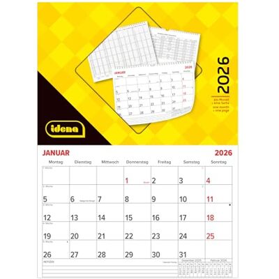 Idena 12073 Calendrier 2026 au format A4 paysage (29,5 x 21 cm), calendrier mural 1 page = 1 mois, calendrier mensuel incluant un aperçu de l'année Idena 12073 Calendrier 2026 au format A4 paysage (29,5 x 21 cm), calendrier mural 1 page = 1 mois, calendrier mensuel incluant un aperçu de l'année