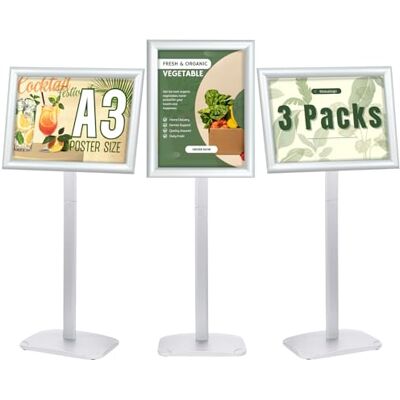 Mutualsign Lot de 3 supports robustes pour affiches A3 avec base stable, cadre encliquetable pour menu, avis, publicité, bienvenue, argenté Mutualsign Lot de 3 supports robustes pour affiches A3 avec base stable, cadre encliquetable pour menu, avis, publicité, bienvenue, argenté