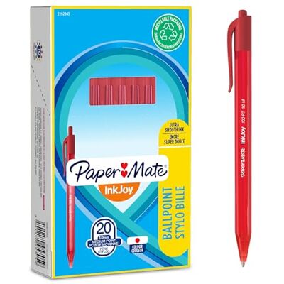 Paper Mate InkJoy 100RT stylo bille rétractable pointe moyenne (1,0 mm) rouge Lot de 20 Paper Mate InkJoy 100RT stylo bille rétractable pointe moyenne (1,0 mm) rouge Lot de 20