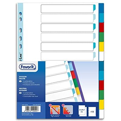Favorit 400132500 Intercalaires à perforation universelle pour classeurs à anneaux avec 12 Tacques Neutre Colorées, Format intérieur A4, en polypropylène (matériau plastique non toxique) Favorit 400132500 Intercalaires à perforation universelle pour classeurs à anneaux avec 12 Tacques Neutre Colorées, Format intérieur A4, en polypropylène (matériau plastique non toxique)