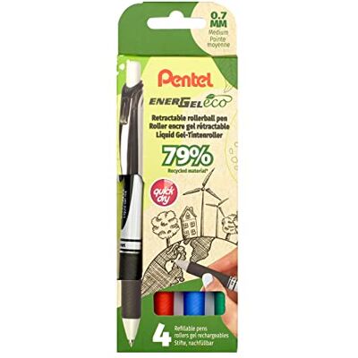 Pentel EnerGel Eco BL77 Lot de 4 stylos à encre gel avec mécanisme à pression Couleurs assorties Pentel EnerGel Eco BL77 Lot de 4 stylos à encre gel avec mécanisme à pression Couleurs assorties