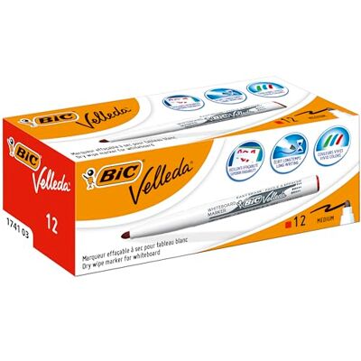 BIC Velleda 1741 Feutres pour Tableau Blanc Effaçables à Sec, Pointe Conique Moyenne Rouge, Boîte de 12 BIC Velleda 1741 Feutres pour Tableau Blanc Effaçables à Sec, Pointe Conique Moyenne Rouge, Boîte de 12