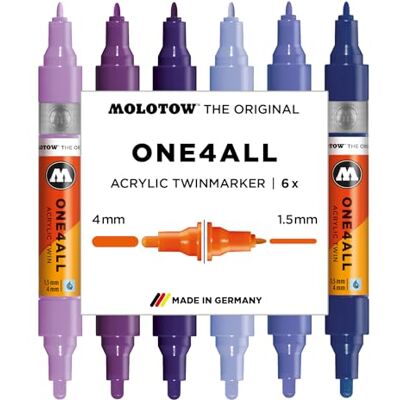 Molotow One4All Lot de 6 marqueurs acryliques double violet (épaisseur de trait 1,5 et 4,0 mm, très couvrant et permanent, séchage rapide, rechargeables, pour presque toutes les surfaces) Molotow One4All Lot de 6 marqueurs acryliques double violet (épaisseur de trait 1,5 et 4,0 mm, très couvrant et permanent, séchage rapide, rechargeables, pour presque toutes les surfaces)