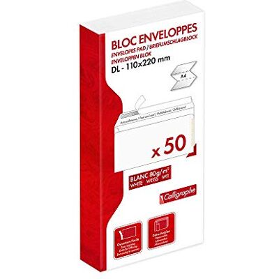Calligraphe Clairefontaine (gamme correspondance) 15965C Bloc Encollé de 50 Enveloppes Blanches DL-110x220mm Auto-Adhésives 80g/m² Calligraphe Clairefontaine (gamme correspondance) 15965C Bloc Encollé de 50 Enveloppes Blanches DL-110x220mm Auto-Adhésives 80g/m²