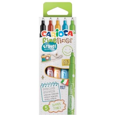CARIOCA Fineliner Modèle Travel Boîte de 5 Fineliners Tons d'été Pointe précise de 0,5 mm Fabriqué en Italie avec des couleurs brillantes CARIOCA Fineliner Modèle Travel Boîte de 5 Fineliners Tons d'été Pointe précise de 0,5 mm Fabriqué en Italie avec des couleurs brillantes