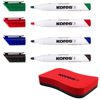 Kores K-Marker XW1 : marqueurs colorés pour tableau blanc à pointe ogive, effaçable à sec et encre presque inodore, fournitures scolaires et de bureau, lot de 4 couleurs assorties + 1 éponge Kores K-Marker XW1 : marqueurs colorés pour tableau blanc à pointe ogive, effaçable à sec et encre presque inodore, fournitures scolaires et de bureau, lot de 4 couleurs assorties + 1 éponge